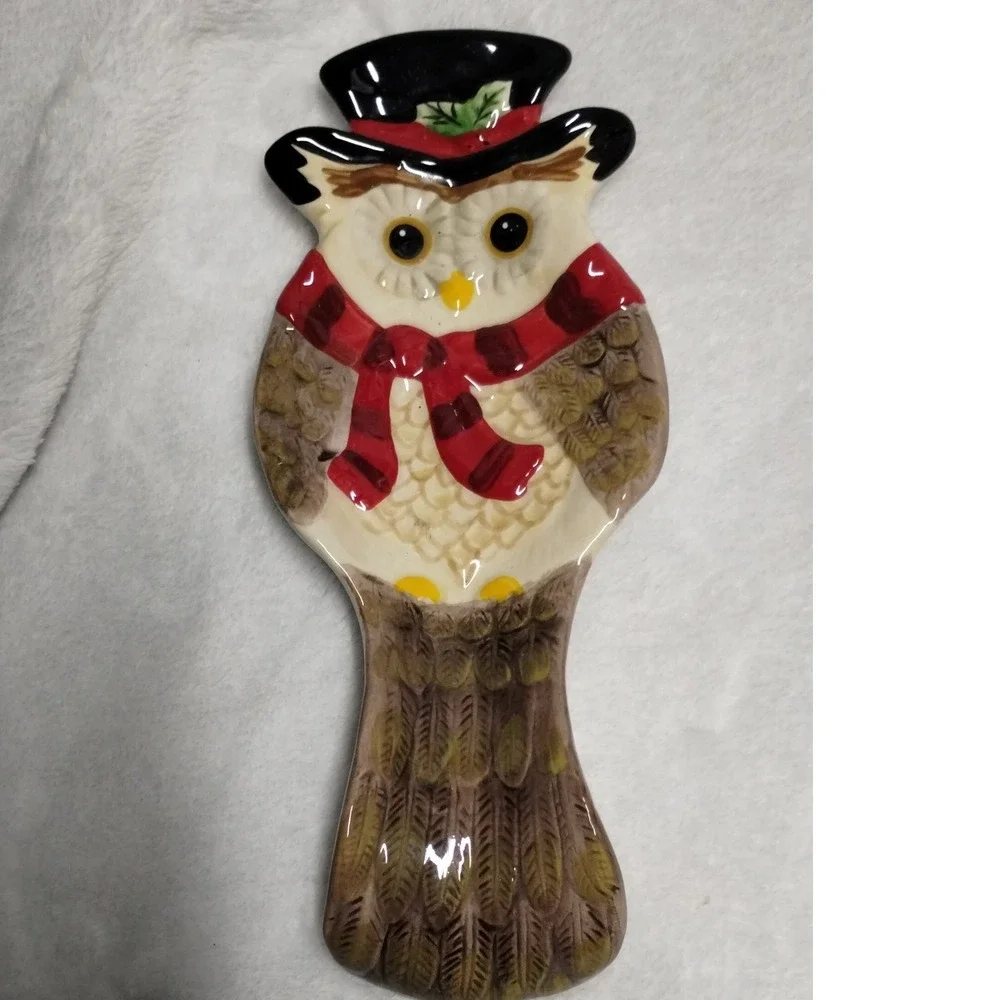 Cracker Barrel Owl Spoon Rest Christmas‎ Holiday Stoneware Top Hat Red Scarf